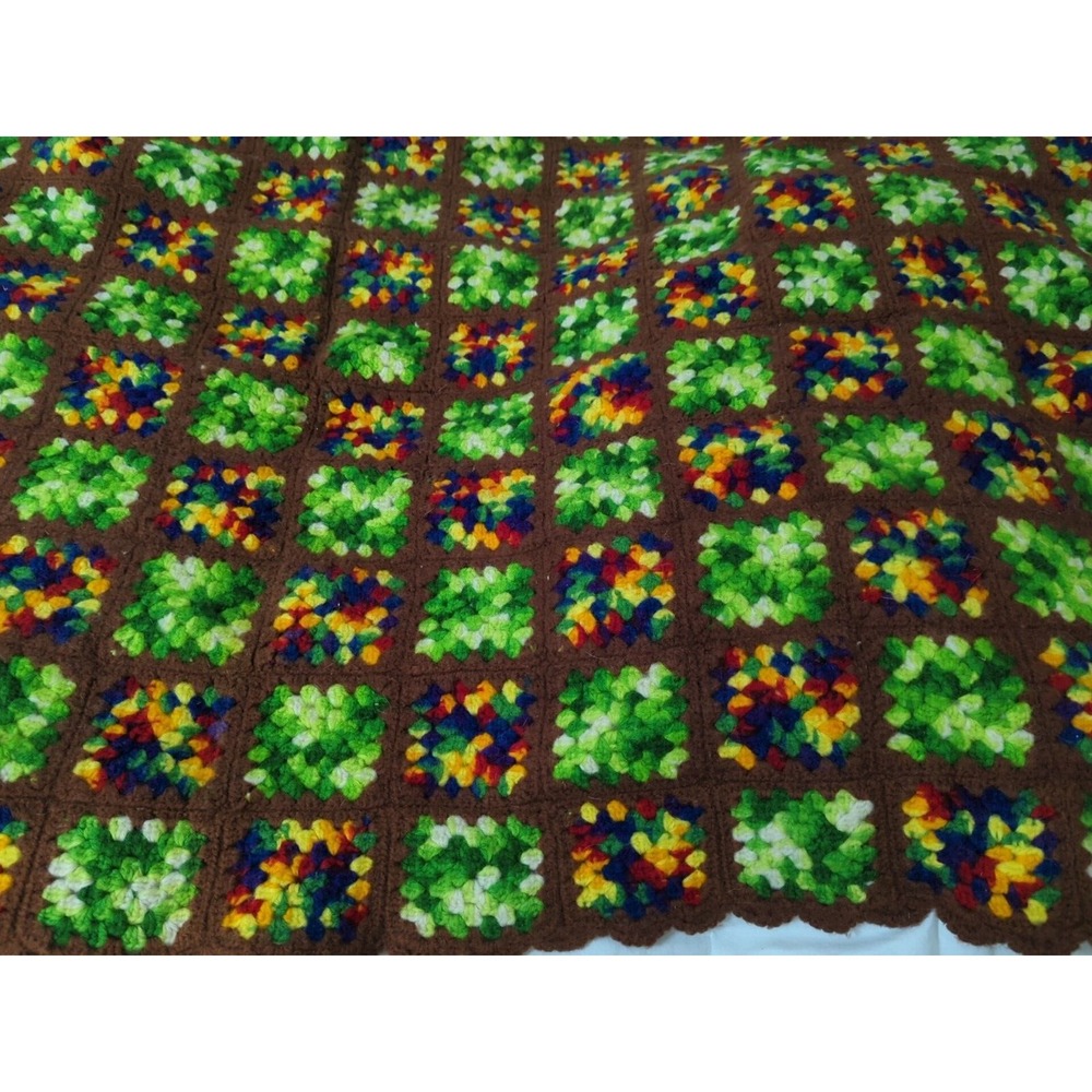 Handmade crocheted granny square afghan blanket throw brown green rainbow heavy